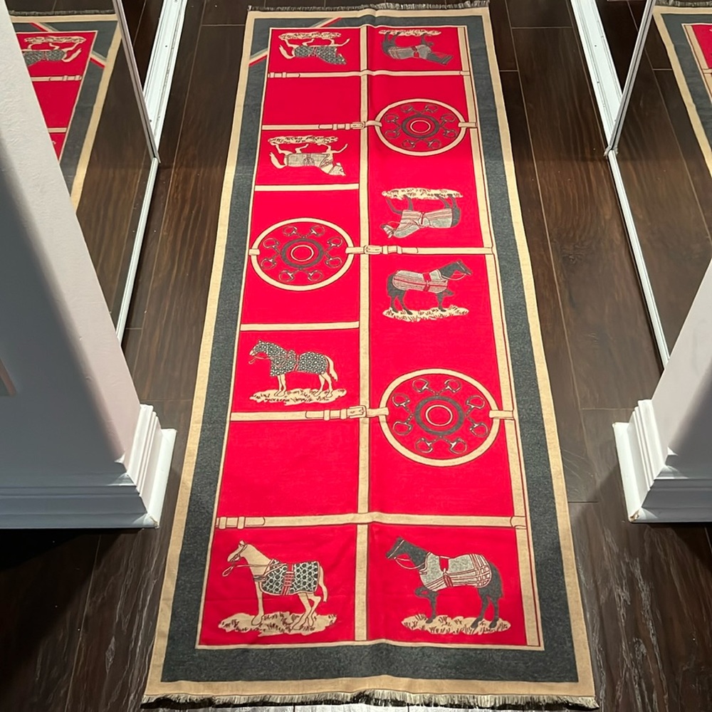Silk wool scarf Hermes style horse pattern red